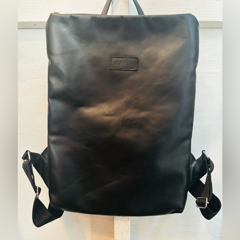 Leaf Minimalist Modern Black Leather Backpack